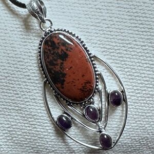 Hand Crafted MAHOGANY OBSIDIAN and Amethyst Accents in a Silver Bezel Pendant